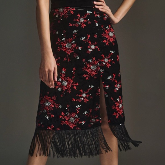Anthropologie Dresses & Skirts - NWT Anthropologie Maeve Velvet Embroidered Fringe Skirt Black Red Silver